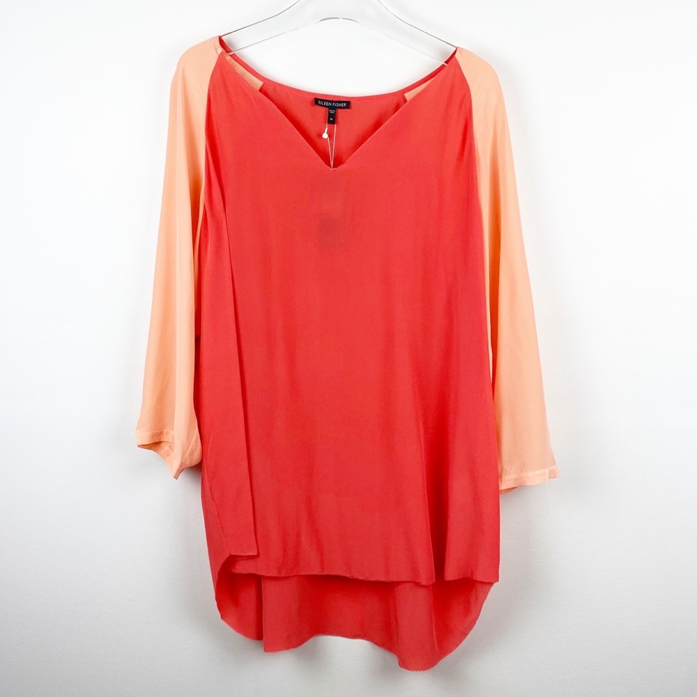 NEW Eileen Fisher Pink Color block Silk Blouse XL